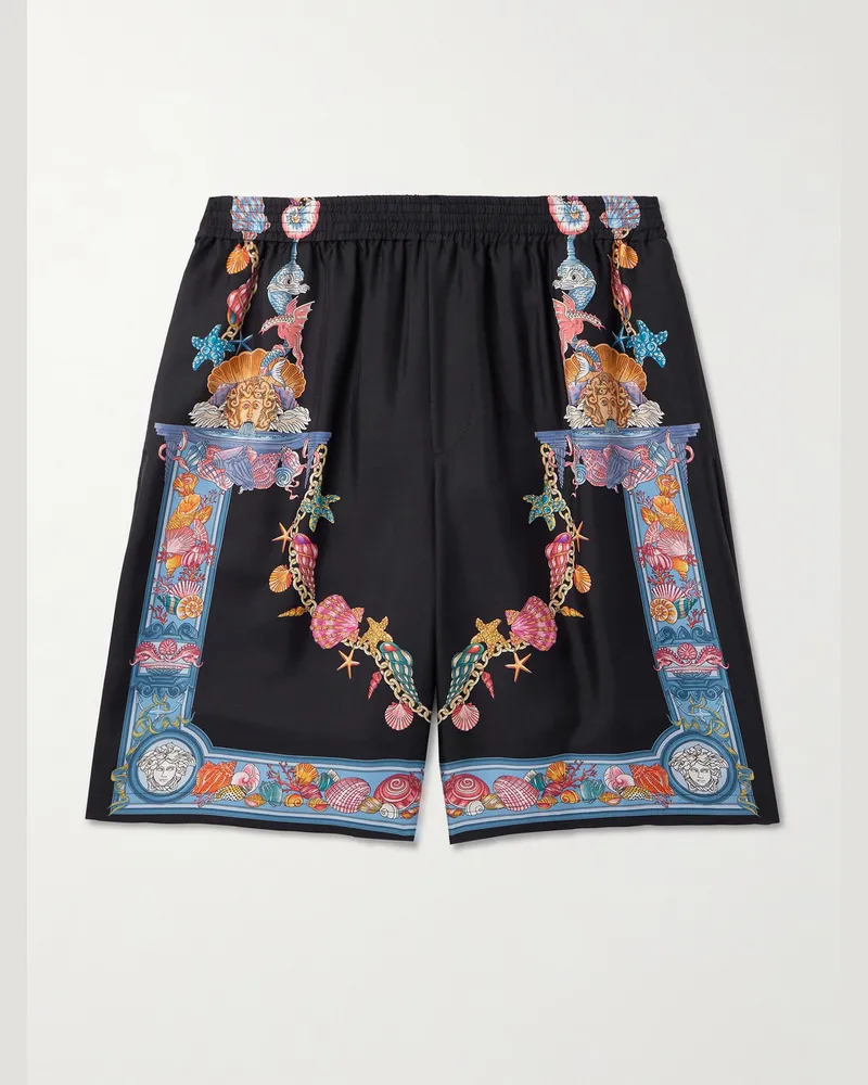 Versace Straight-Leg Printed Silk-Twill Shorts Black