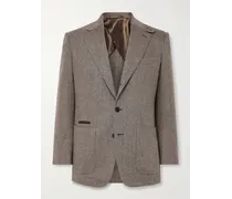 Hacking Sakko aus Tweed aus einer Woll-Kaschmirmischung mit Fischgratmuster und Lederbesatz