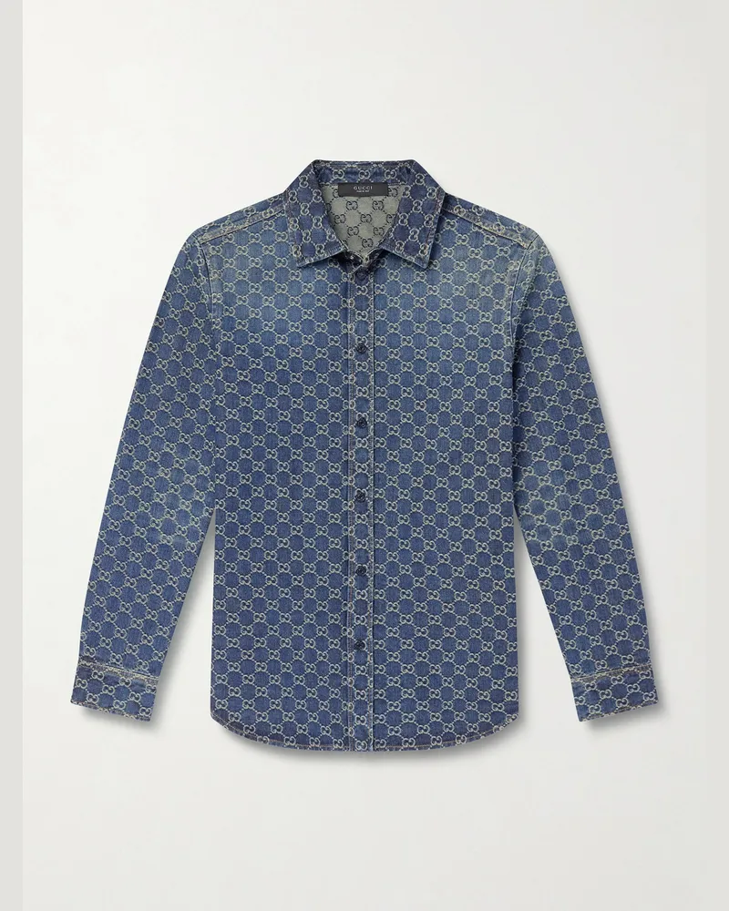 Gucci Logo-Jacquard Denim Shirt Blue