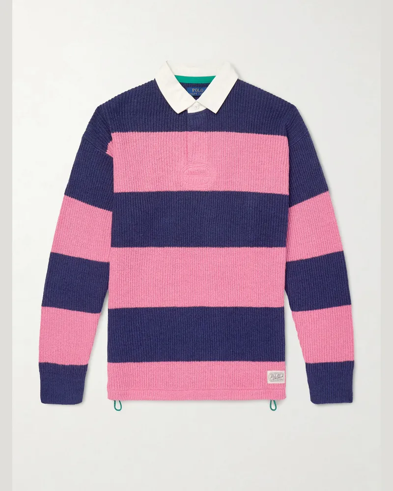 Ralph Lauren Gestreifter Pullover aus einer Leinen-Baumwollmischung in Rippstrick mit Polokragen Pink