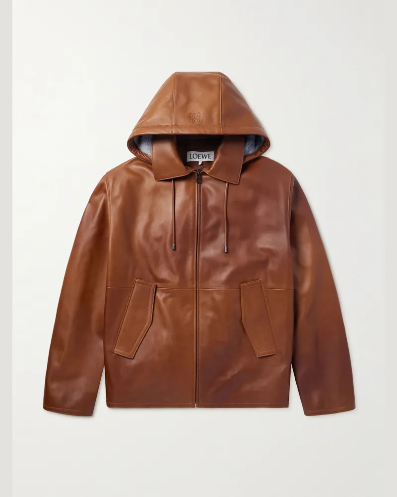 Loewe Kapuzenjacke aus Leder mit Shearling-Besatz Braun