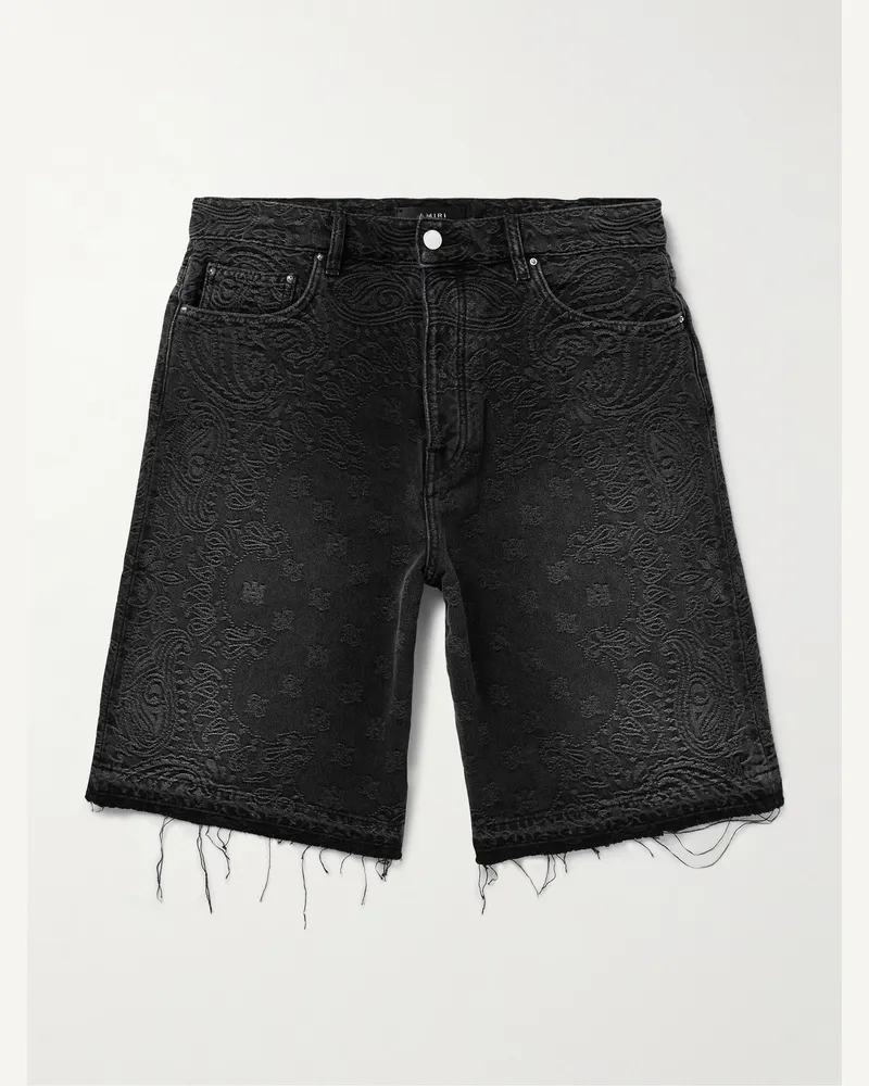 Amiri Gerade geschnittene Jeansshorts mit Jacquard-Muster und Fransen Schwarz