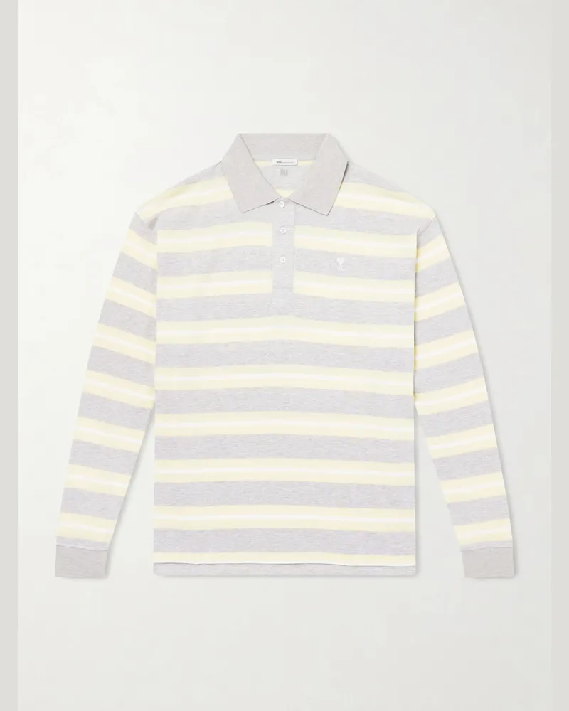 AMI Paris Striped Cotton-Jersey Polo Shirt Gray