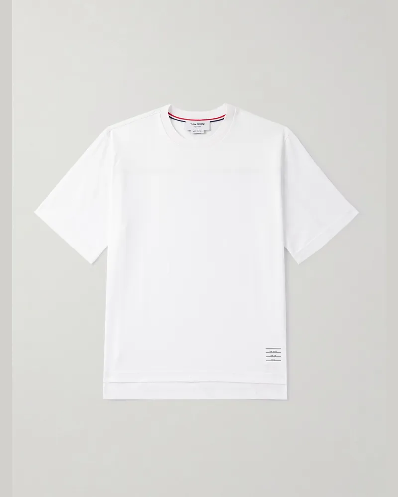 Thom Browne T-Shirt aus Baumwoll-Jersey mit gestreifter Logoapplikation Weiß