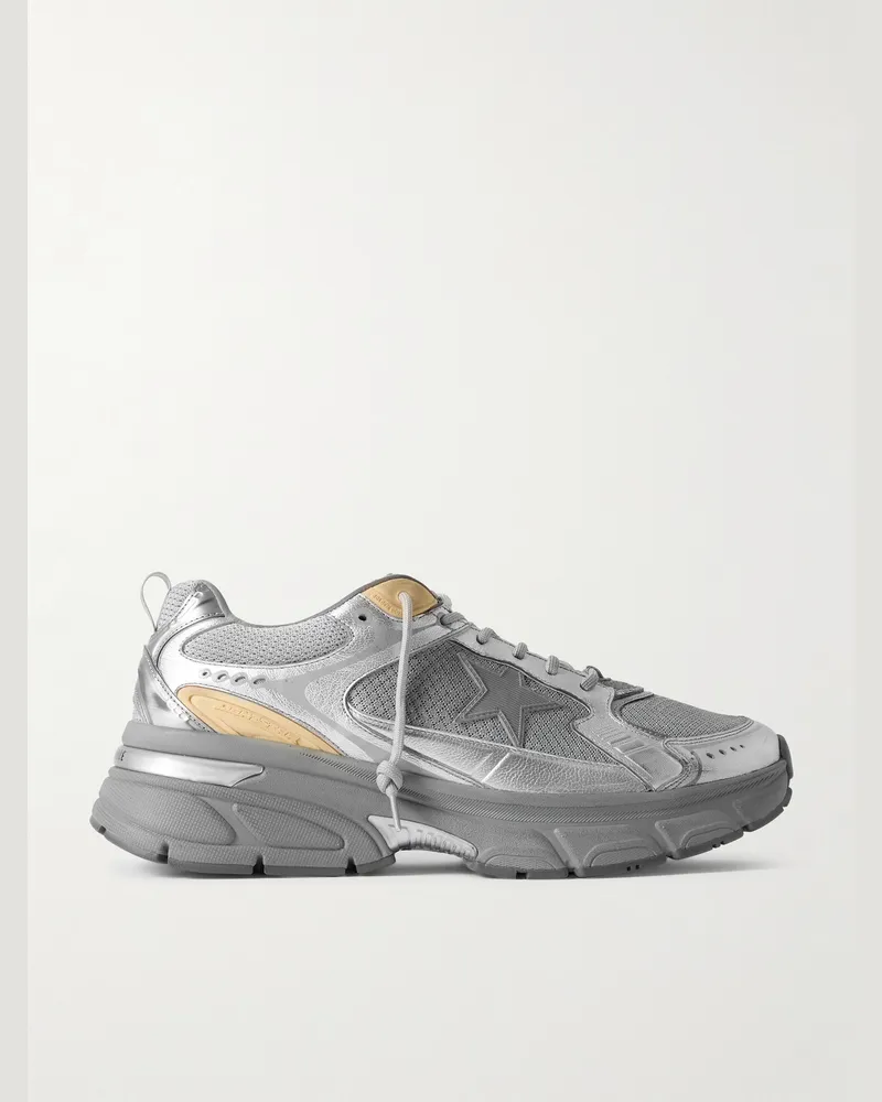 Golden Goose Lightstar Rubber-Trimmed Metallic Leather and Mesh Sneakers Silver