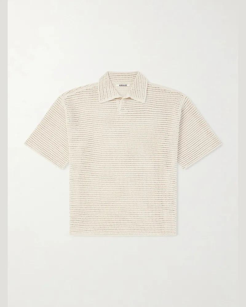 AURALEE Tussah Open-Knit Silk and Cotton-Blend Polo Shirt Neutrals