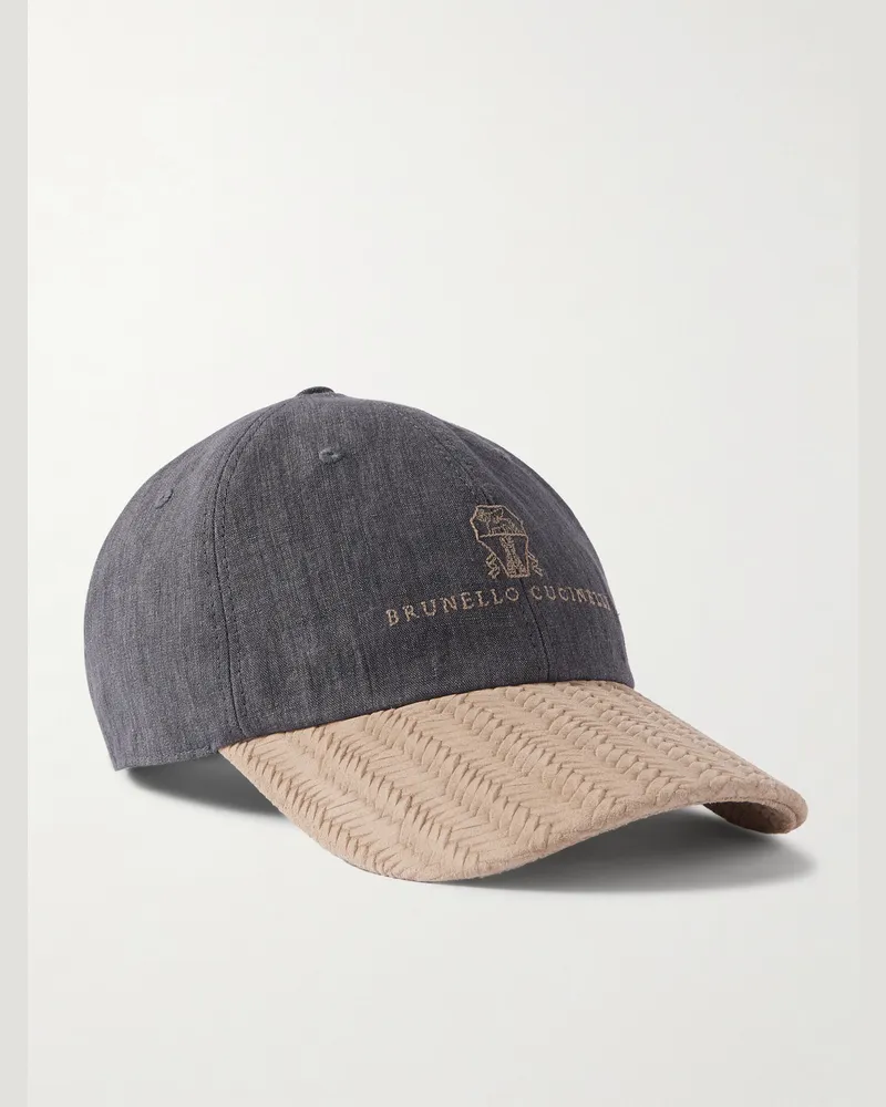 Brunello Cucinelli Baseballkappe aus Leinen mit Logostickerei und Velourslederbesatz Grau