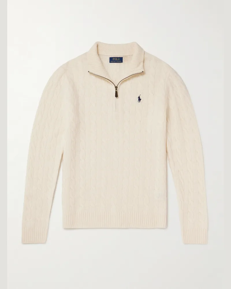Ralph Lauren Logo-Embroidered Cable-Knit Wool and Cashmere-Blend Half-Zip Sweater Neutrals
