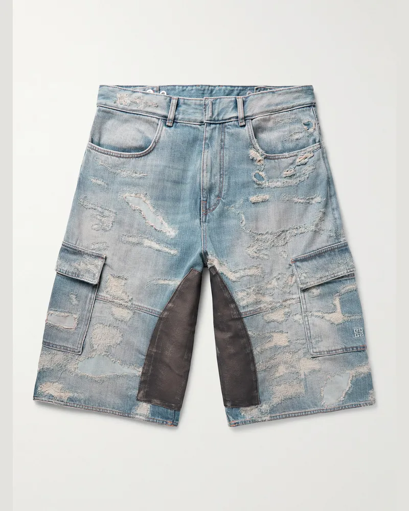 Givenchy Gerade geschnittene Cargoshorts aus Denim mit Moleskin-Besätzen in Distressed-Optik Blau