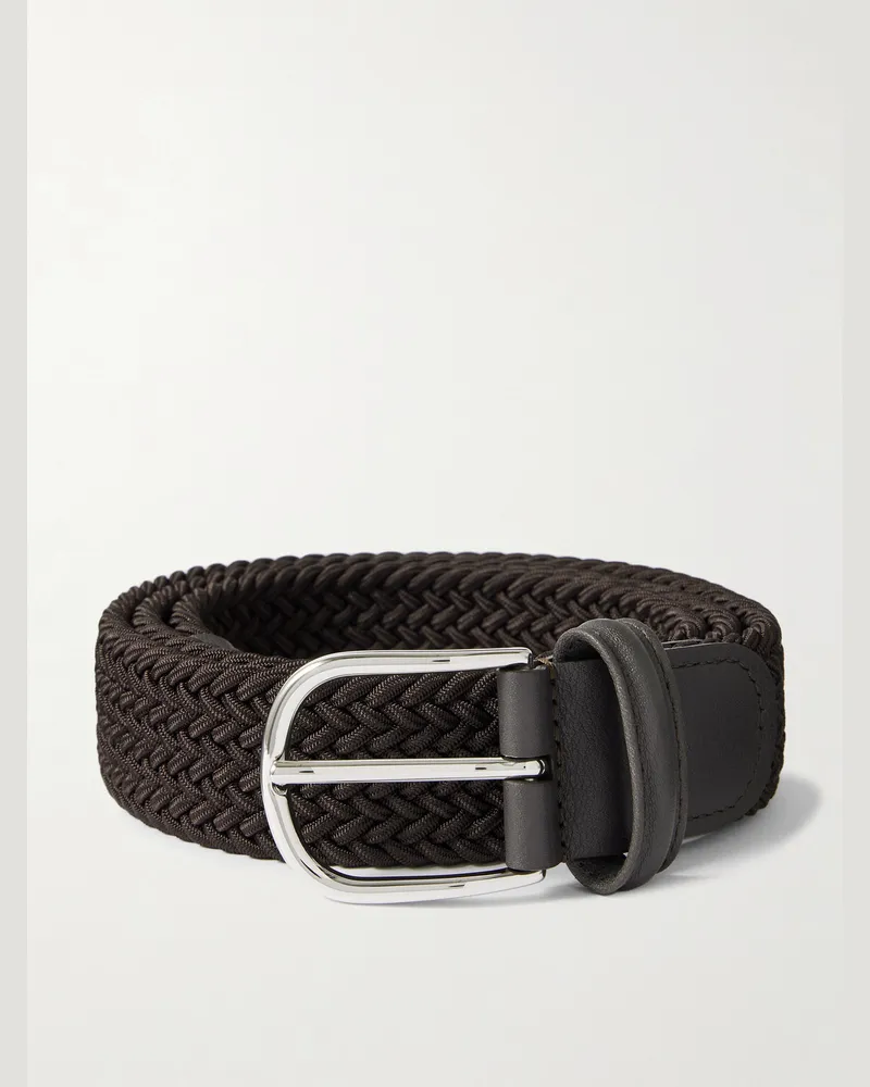 Anderson's 3.5cm Leather-Trimmed Woven Elastic Belt Brown