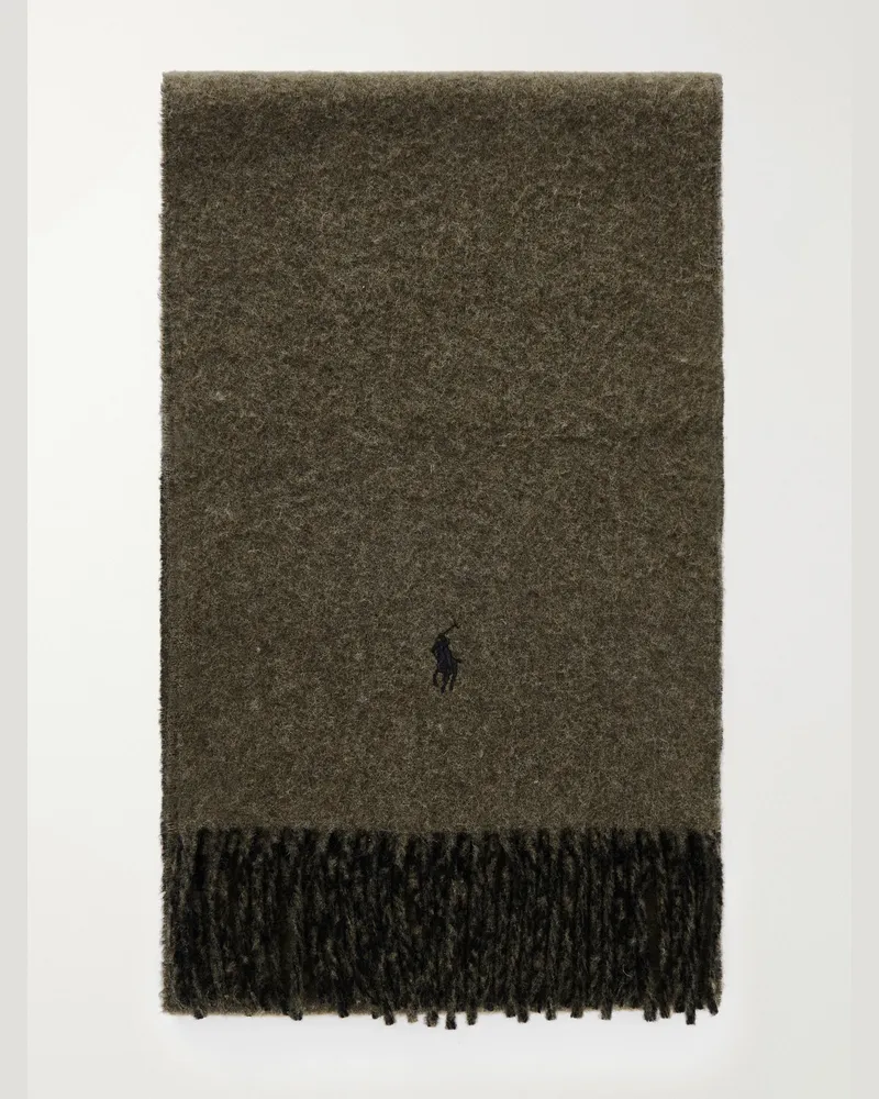 Ralph Lauren Fringed Logo-Embroidered Reversible Recycled Wool and Nylon-Blend Scarf Green