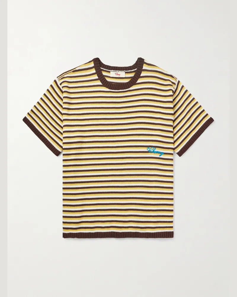 Cherry Los Angeles Logo-Embroidered Striped Knitted Cotton T-Shirt Yellow