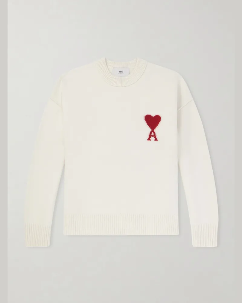 AMI Paris Logo-Intarsia Virgin Wool Sweater Neutrals