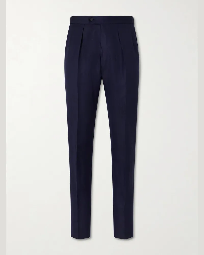 Slowear Tapered Pleated Wool and Linen-Blend Trousers Blue