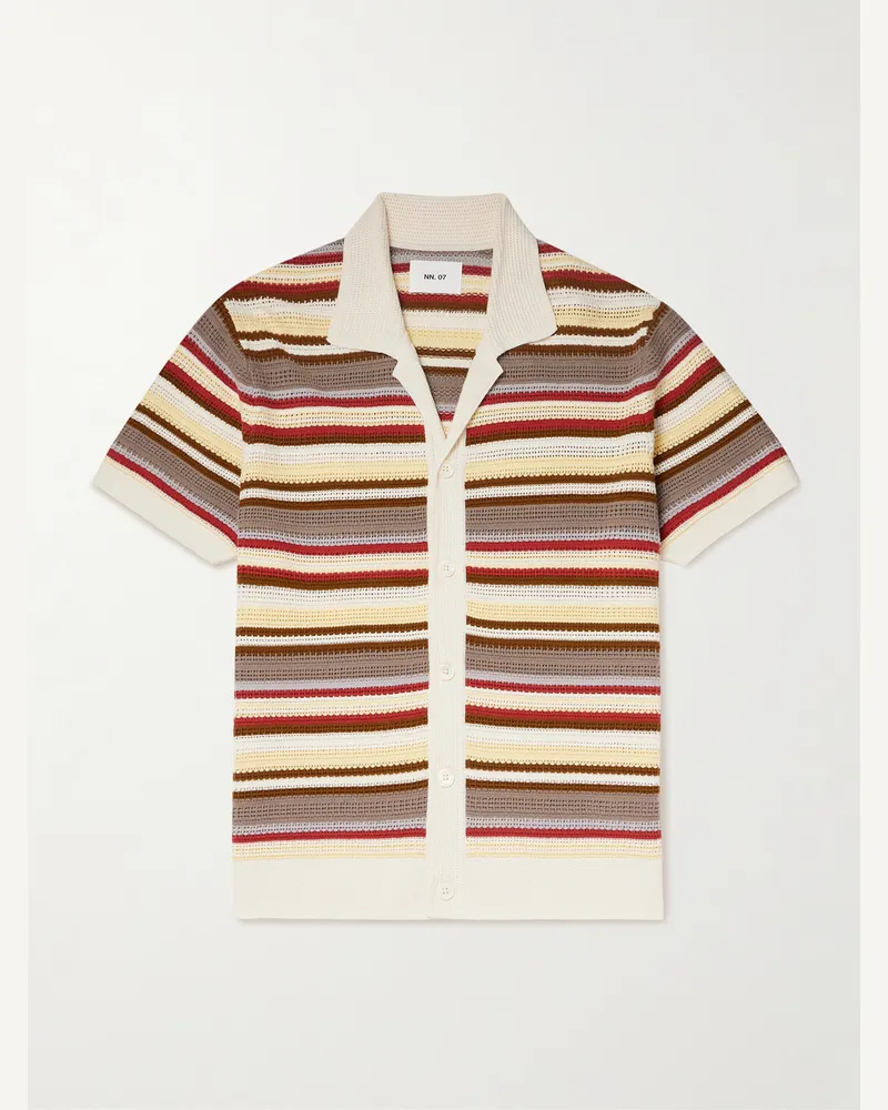 NN 07 Lars 60019 Camp-Collar Striped Organic Cotton Shirt Neutrals