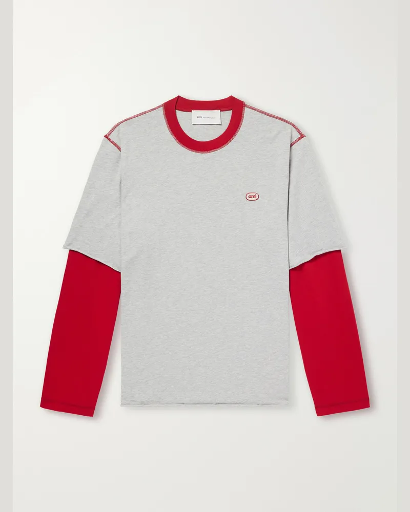 AMI Paris Logo-Appliqued Cotton-Jersey T-Shirt Gray
