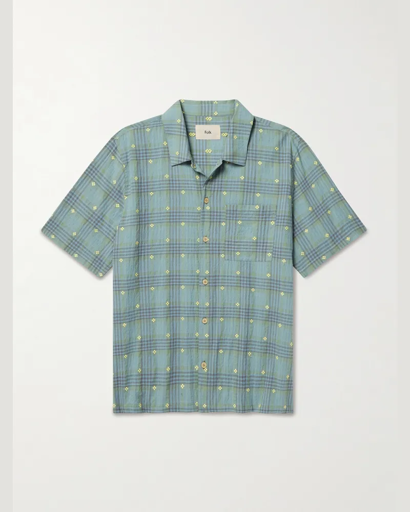 Folk Gabe Embroidered Checked Linen and Cotton-Blend Shirt Blue