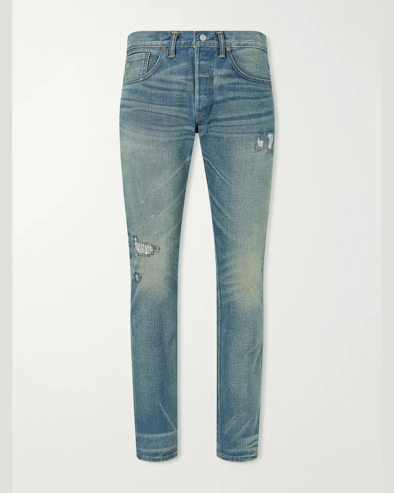 RRL Distressed Slim-Fit Jeans Blue