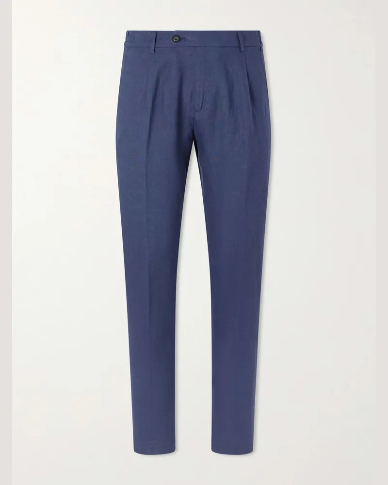 Eleventy Flat Front Chino Linen Trousers Blue