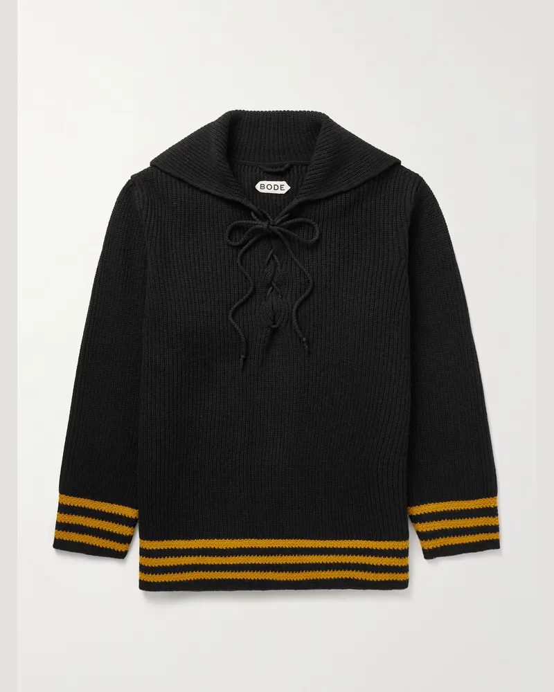 BODE Deck Pullover aus Wolle in Rippstrick mit Streifen Schwarz