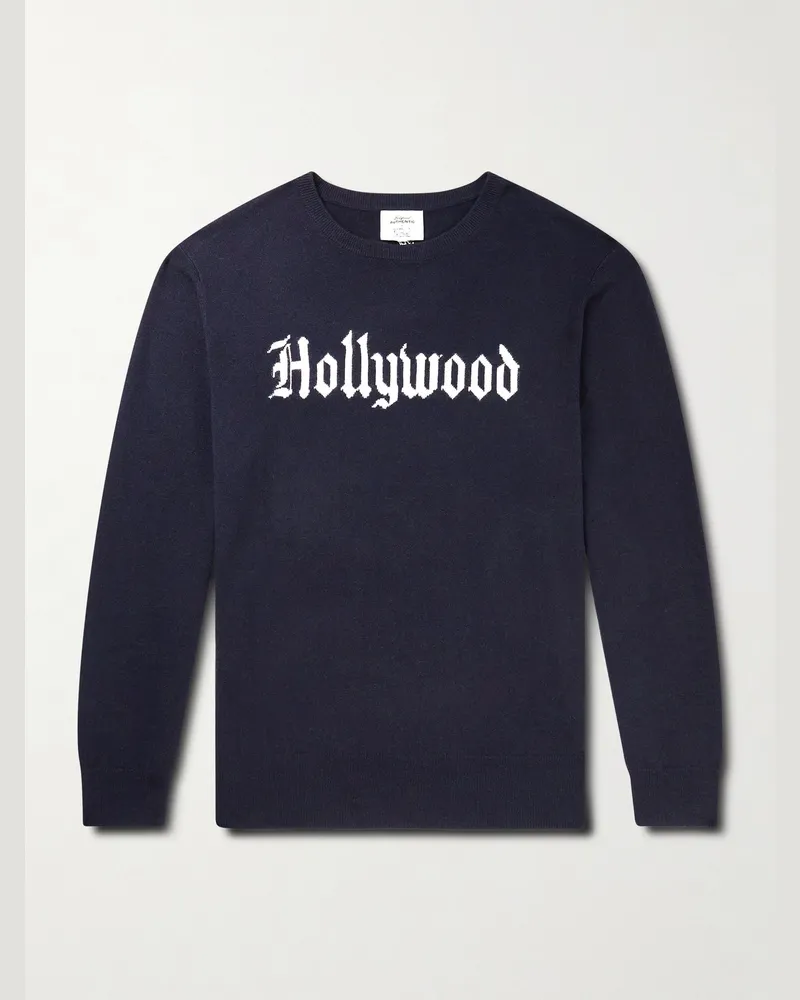 N.Peal Hollywood Authentic The Hollywood Gothic Logo-Intarsia Organic Cashmere Sweater Blue