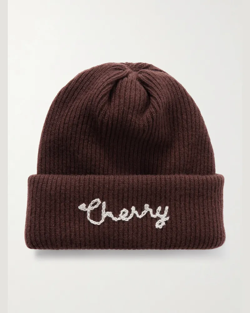 Cherry Los Angeles Beanie aus Kaschmir in Rippstrick mit Logostickerei Braun