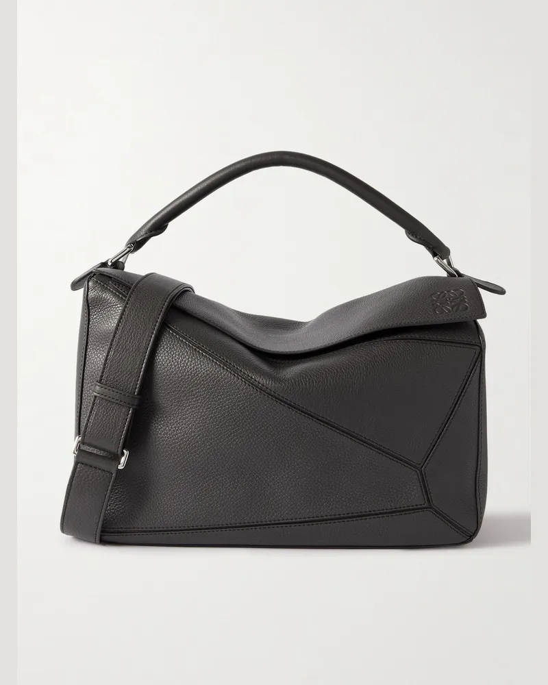 Loewe Puzzle Edge Large Logo-Debossed Full-Grain Leather Messenger Bag Gray