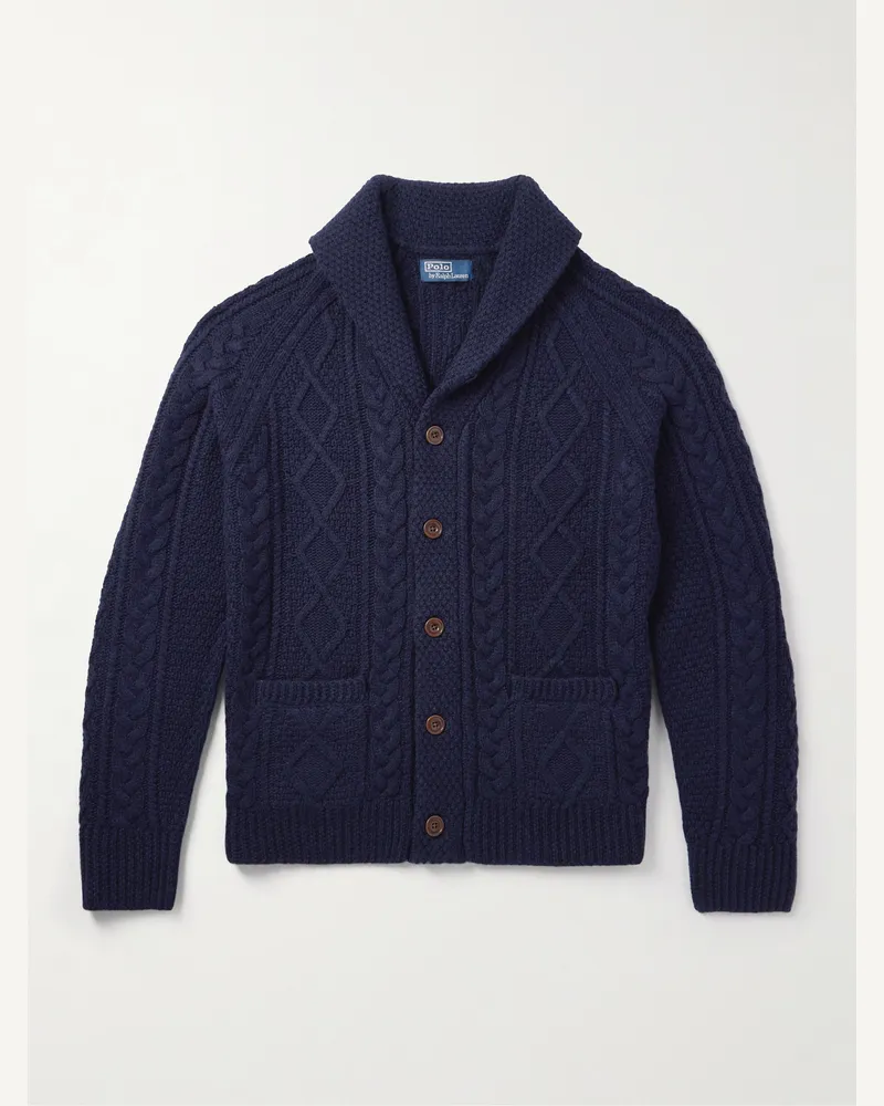 Ralph Lauren Cardigan aus einer Woll-Alpakawollmischung in Zopfstrick mit Schalkragen Blau
