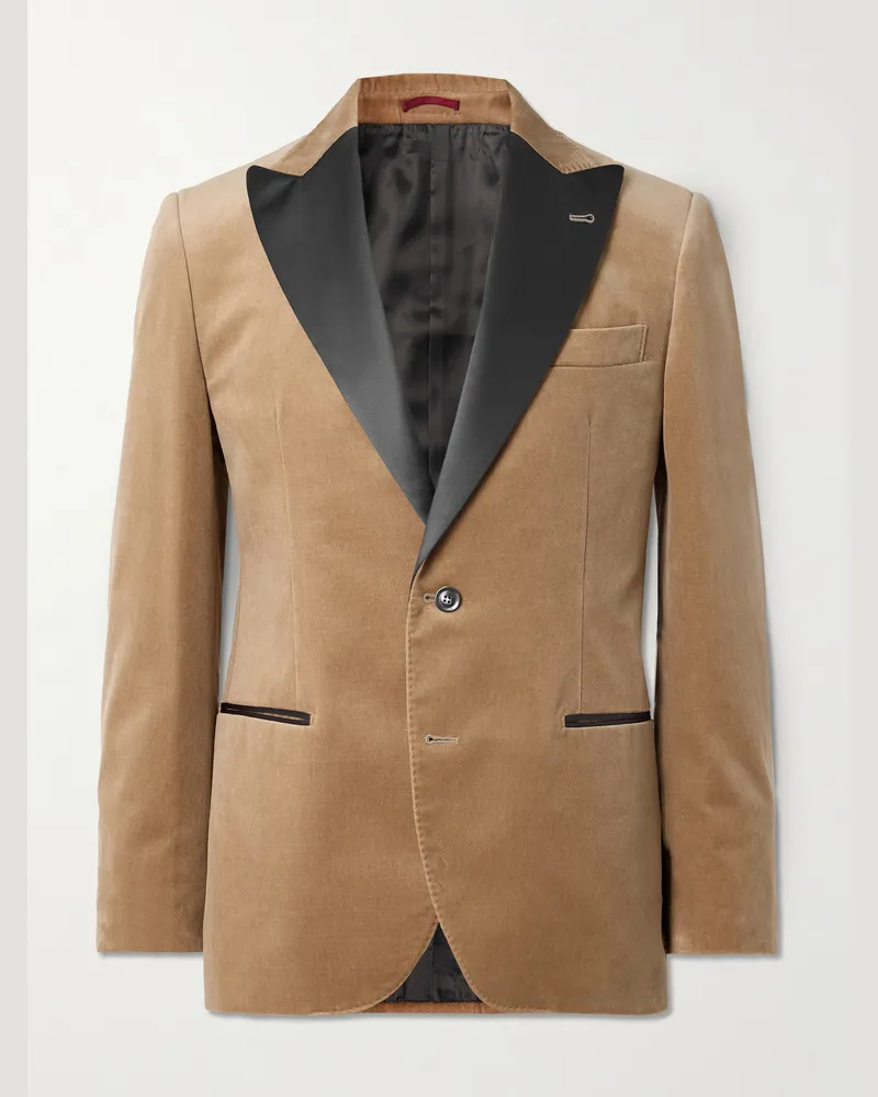 Brunello Cucinelli Schmal geschnittene Smokingjacke aus Baumwollsamt mit Satinbesatz Neutral
