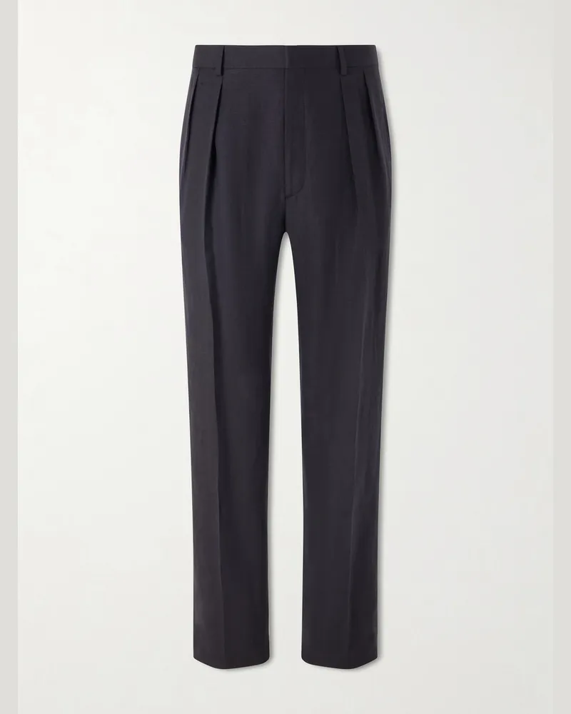 Ralph Lauren Straight-Leg Pleated Silk and Linen-Blend Trousers Black