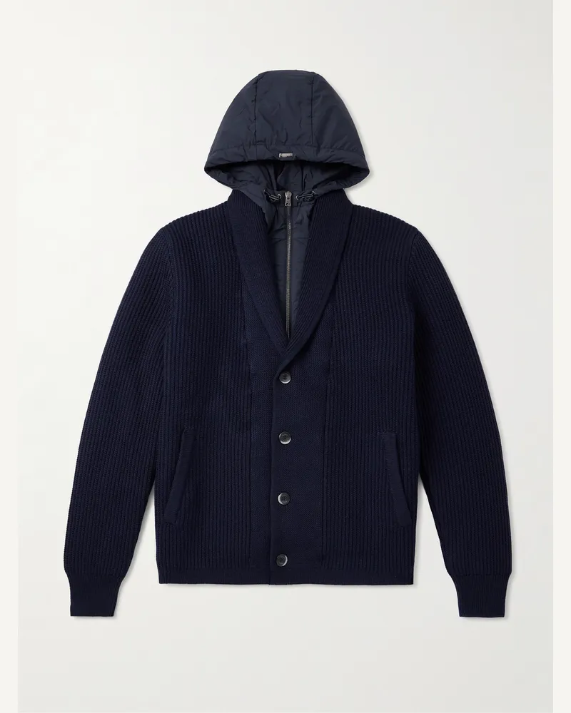 Herno Mehrlagige Kapuzenjacke aus Stretch-Nylon und Wolle in Rippstrick mit Schalkragen Blau