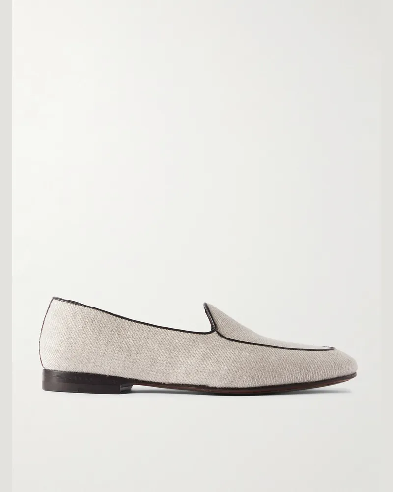 Manolo Blahnik Modena Leather-Trimmed Linen-Twill Loafers Neutrals