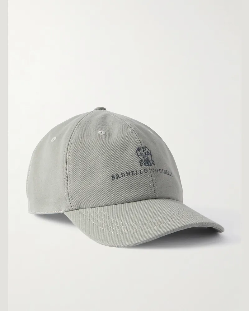 Brunello Cucinelli Baseballkappe aus Baumwoll-Twill mit Logostickerei und Lederbesatz Grau