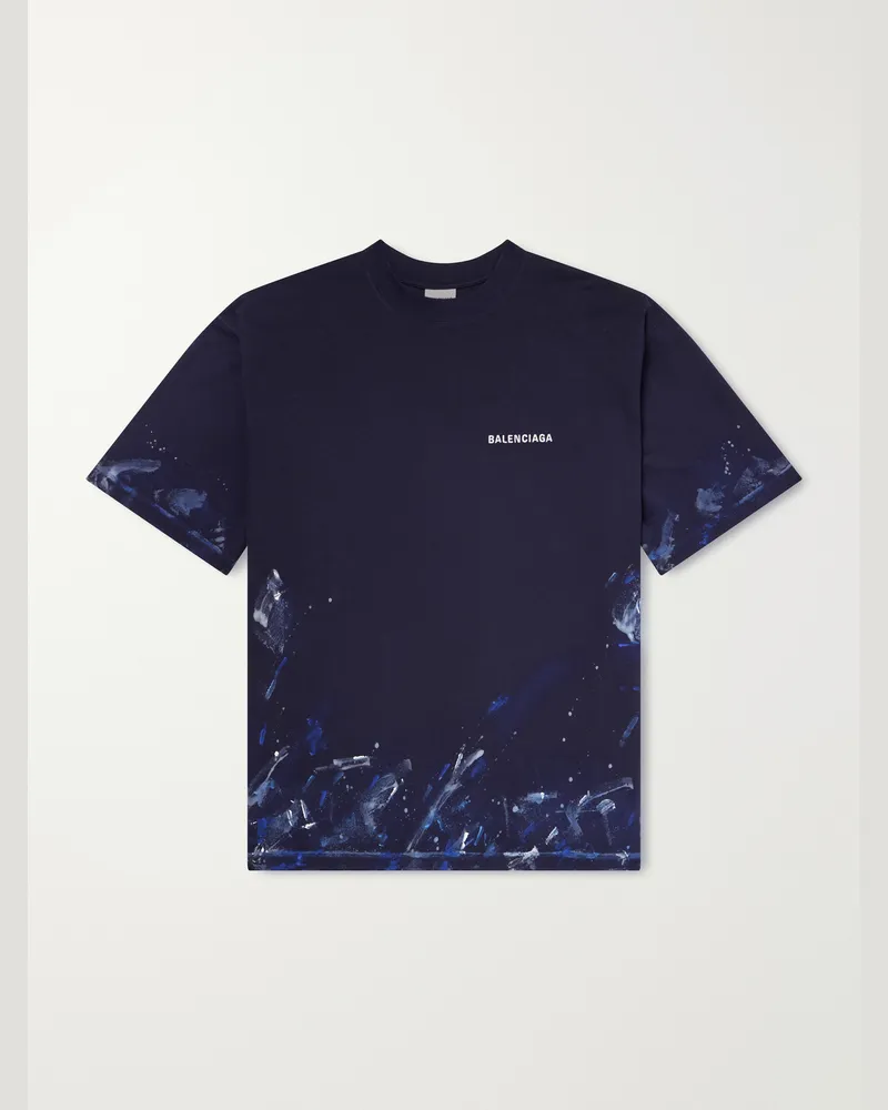 Balenciaga Logo-Embroidered Paint-Splattered Cotton-Jersey T-Shirt Blue