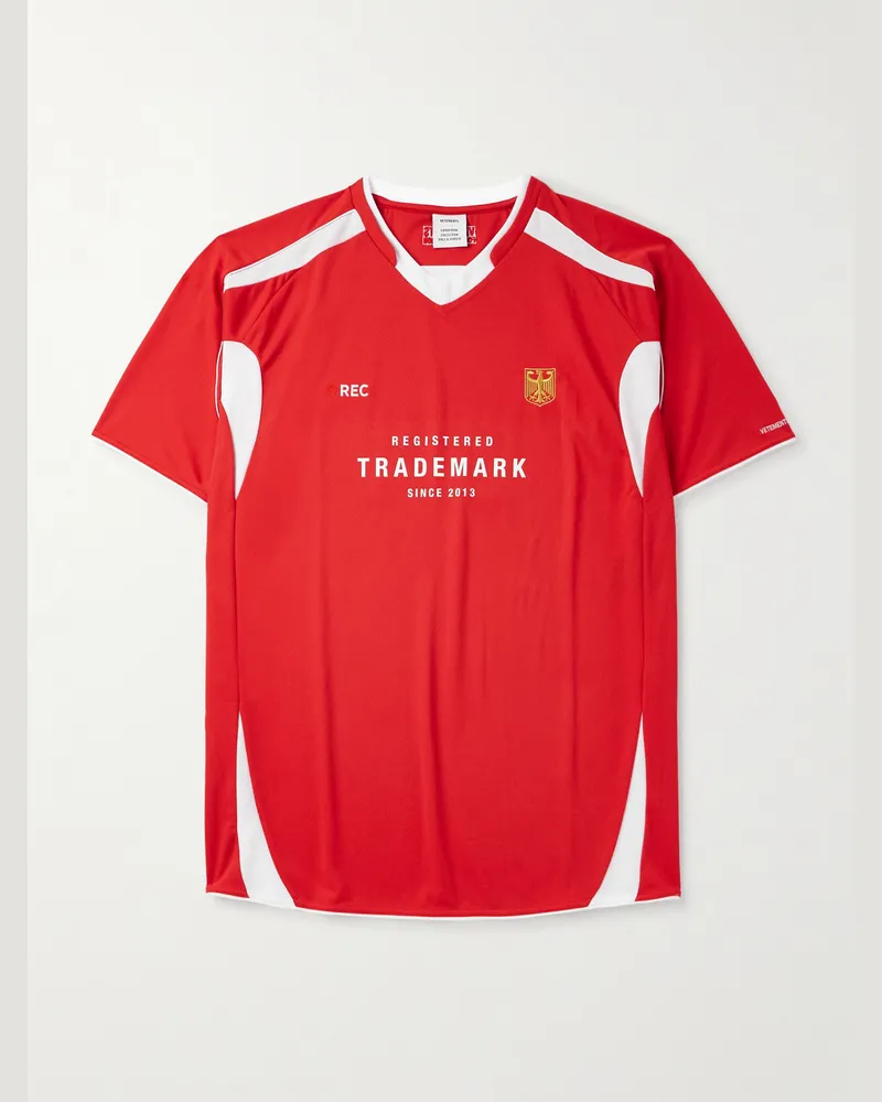VETEMENTS Printed Embroidered Panelled Cotton-Mesh T-Shirt Red