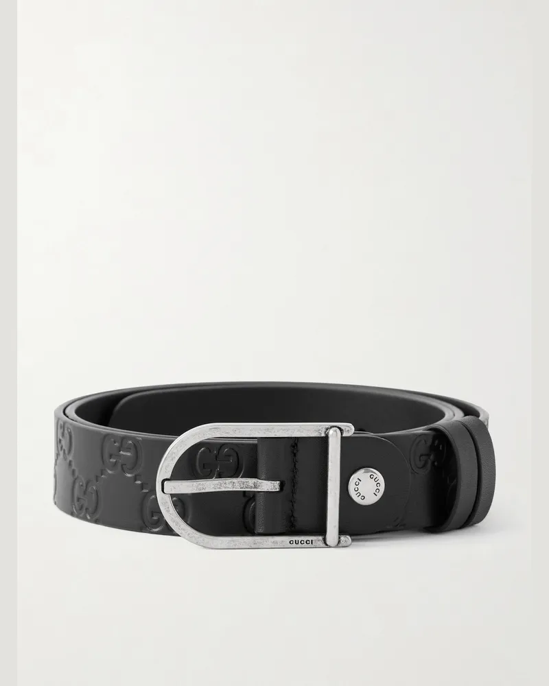 Gucci 3cm Reversible Logo-Debossed Leather Belt Black