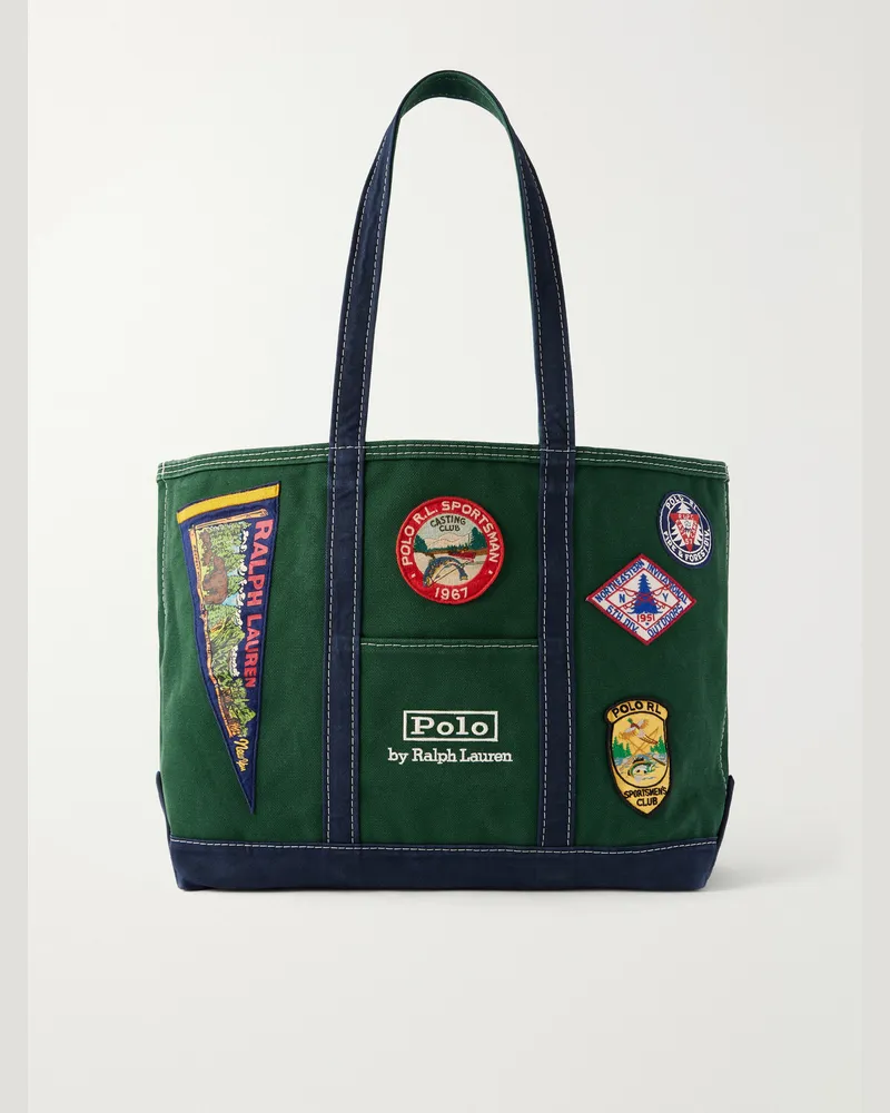 Ralph Lauren Appliquéd Logo-Embroidered Cotton-Canvas Tote Bag Green