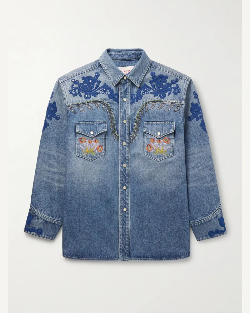 Valentino Garavani Hemdjacke aus Denim mit Stickereien und Verzierungen Blau