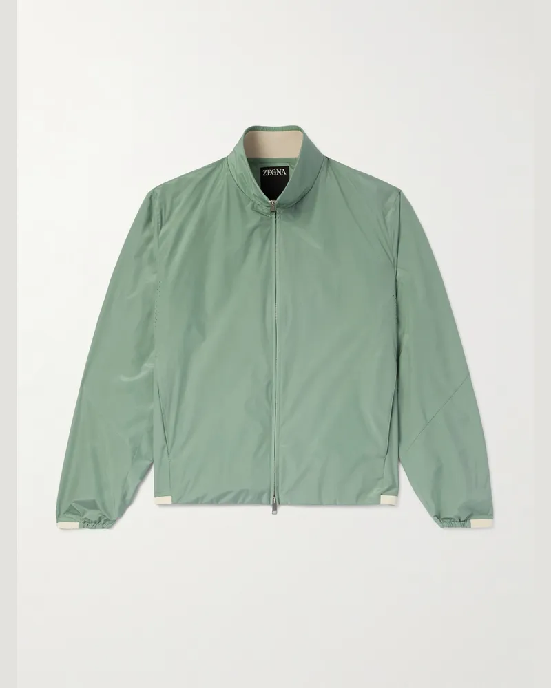 Ermenegildo Zegna Leather-Trimmed Silk Bomber Jacket Green