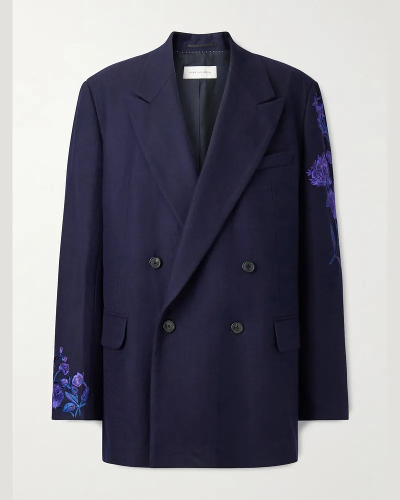 Dries van Noten Double-Breasted Embroidered Wool-Flannel Blazer Blue