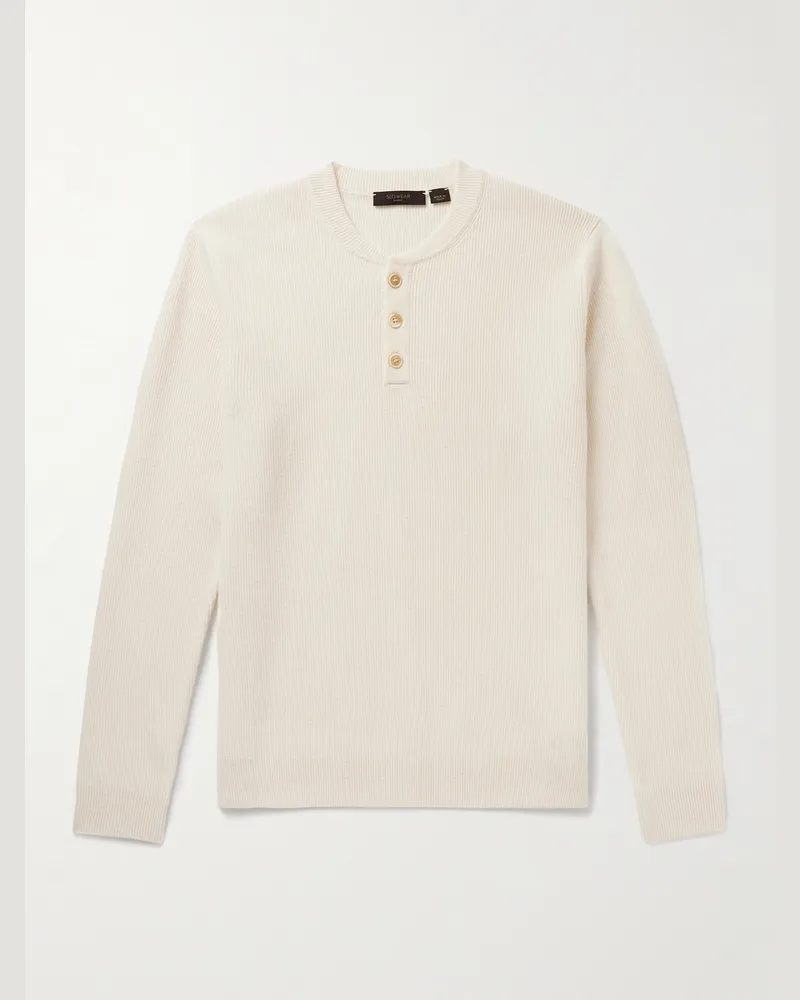 Slowear Incotex Zanone Slim-Fit Ribbed Virgin Wool Henley Sweater Neutrals
