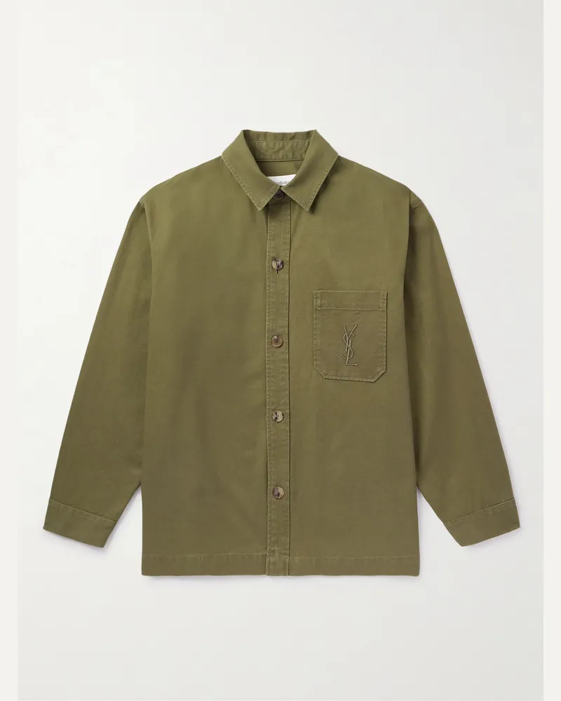 Saint Laurent Hemdjacke aus Gabardine aus einer Baumwoll-Leinenmischung mit Logostickerei Grün