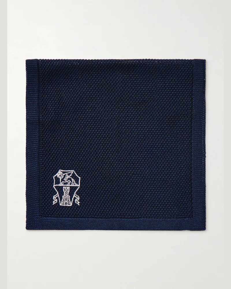 Brunello Cucinelli Logo-Embroidered Knitted Silk Pocket Square Blue