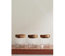 Set aus drei stapelbaren Gläsern mit Deckel aus Teakholz, 500 ml