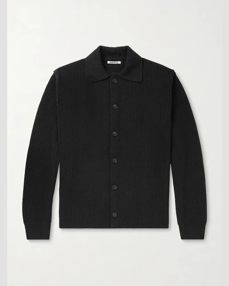 AURALEE Ribbed-Knit Wool Shirt Cardigan Black