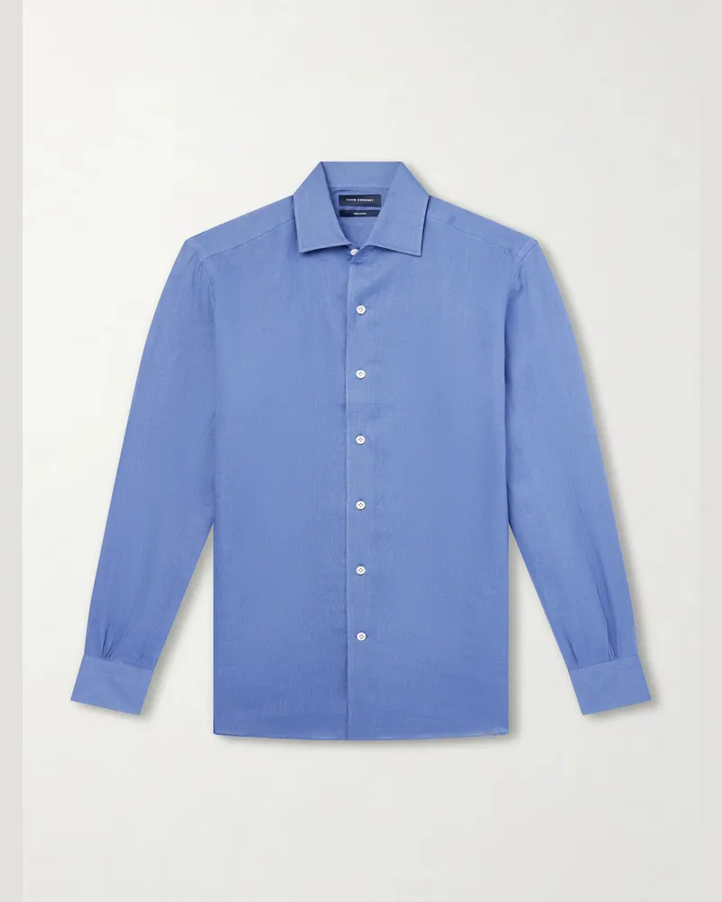 Thom Sweeney Cutaway-Collar Linen Shirt Blue