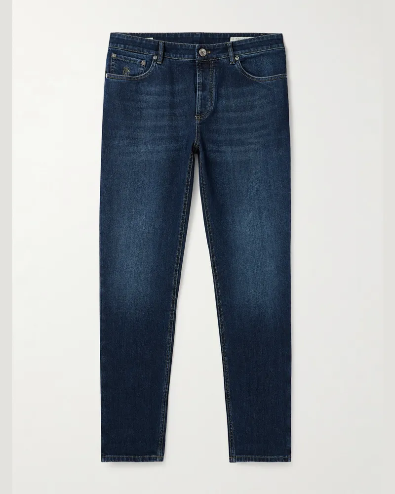 Brunello Cucinelli Schmal und gerade geschnittene Jeans mit Logostickerei Blau