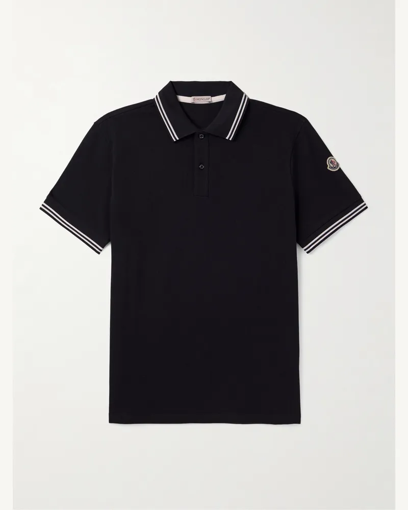 Moncler Schmal geschnittenes Polohemd aus Baumwoll-Piqué mit Logoapplikation Blau