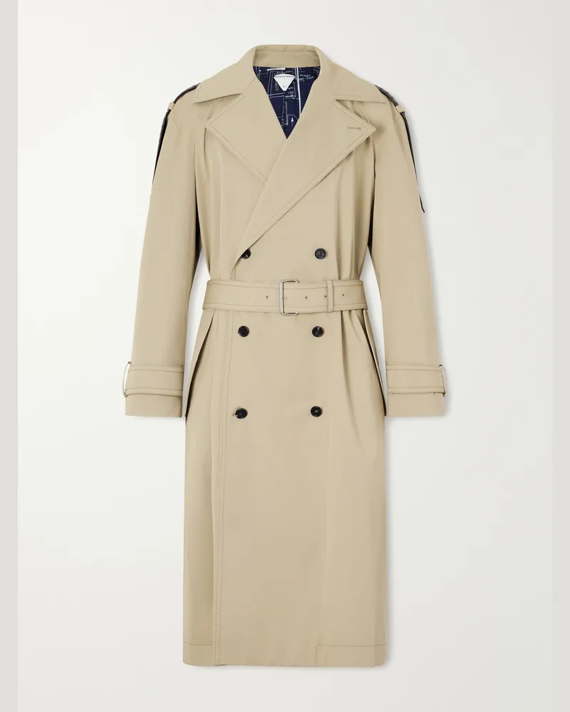 Bottega Veneta Intrecciato Leather-Trimmed Cotton-Gabardine Trench Coat Neutrals