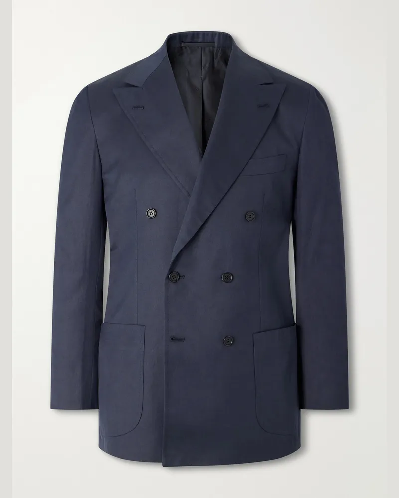 Kiton Double-Breasted Cotton-Twill Blazer Blue